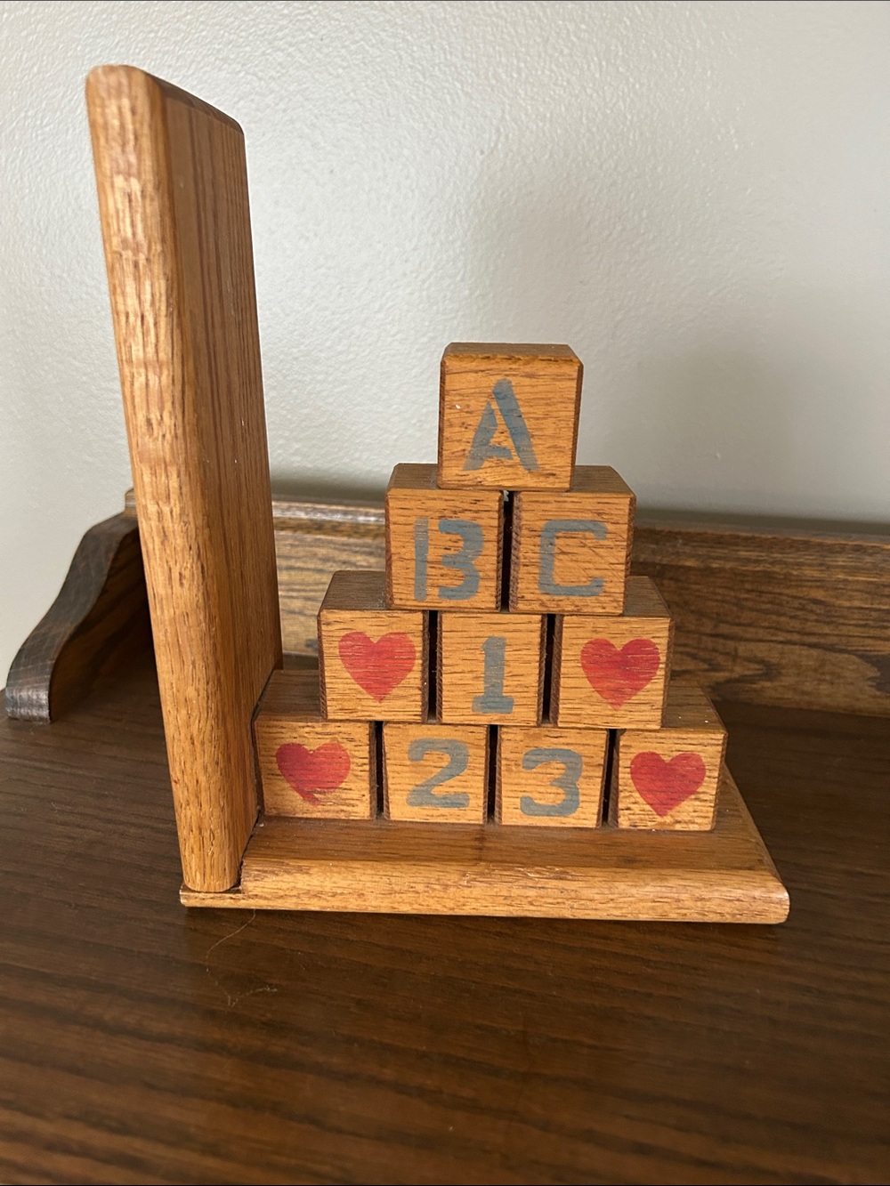 Vintage Wooden single bookend ABC 123 and hearts